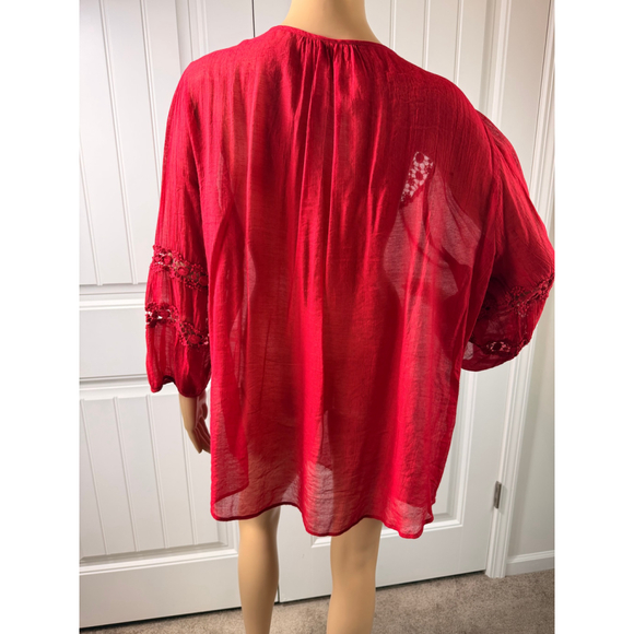 Women's Grand & Greene Red Crochet Lace V-Neck Tunic Top Plus Size 1X Boho Gypsy - Picture 11 of 14